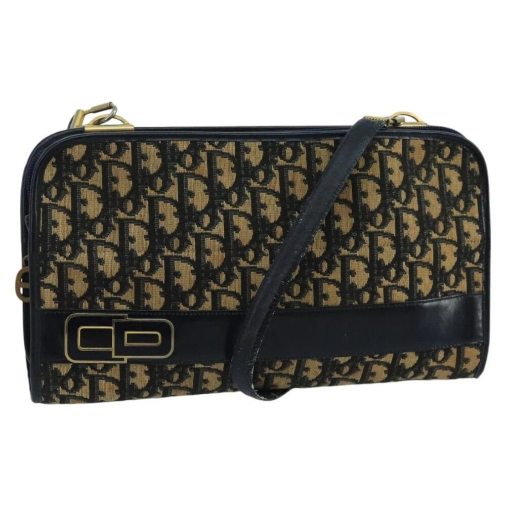 Christian Dior Trotter Canvas Shoulder Bag Navy Beige Gold Auth 102519